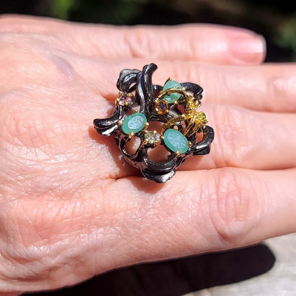 Emerald Peridot Tourmaline citrine aquamarine spider sterling silver ring sz9 - Picture 12 of 15